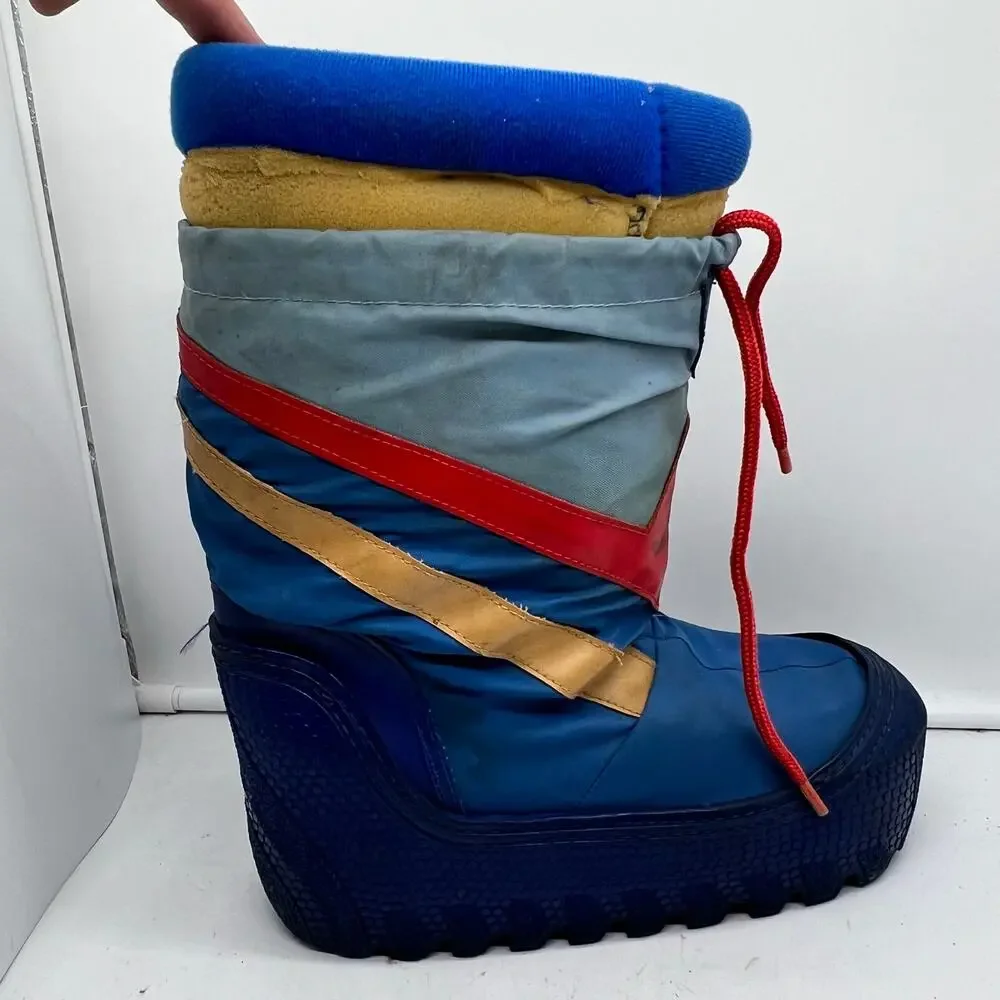 Vintage 80s Snow Boot Youth 4-5 Blue Nylon Stripe Winter Moon